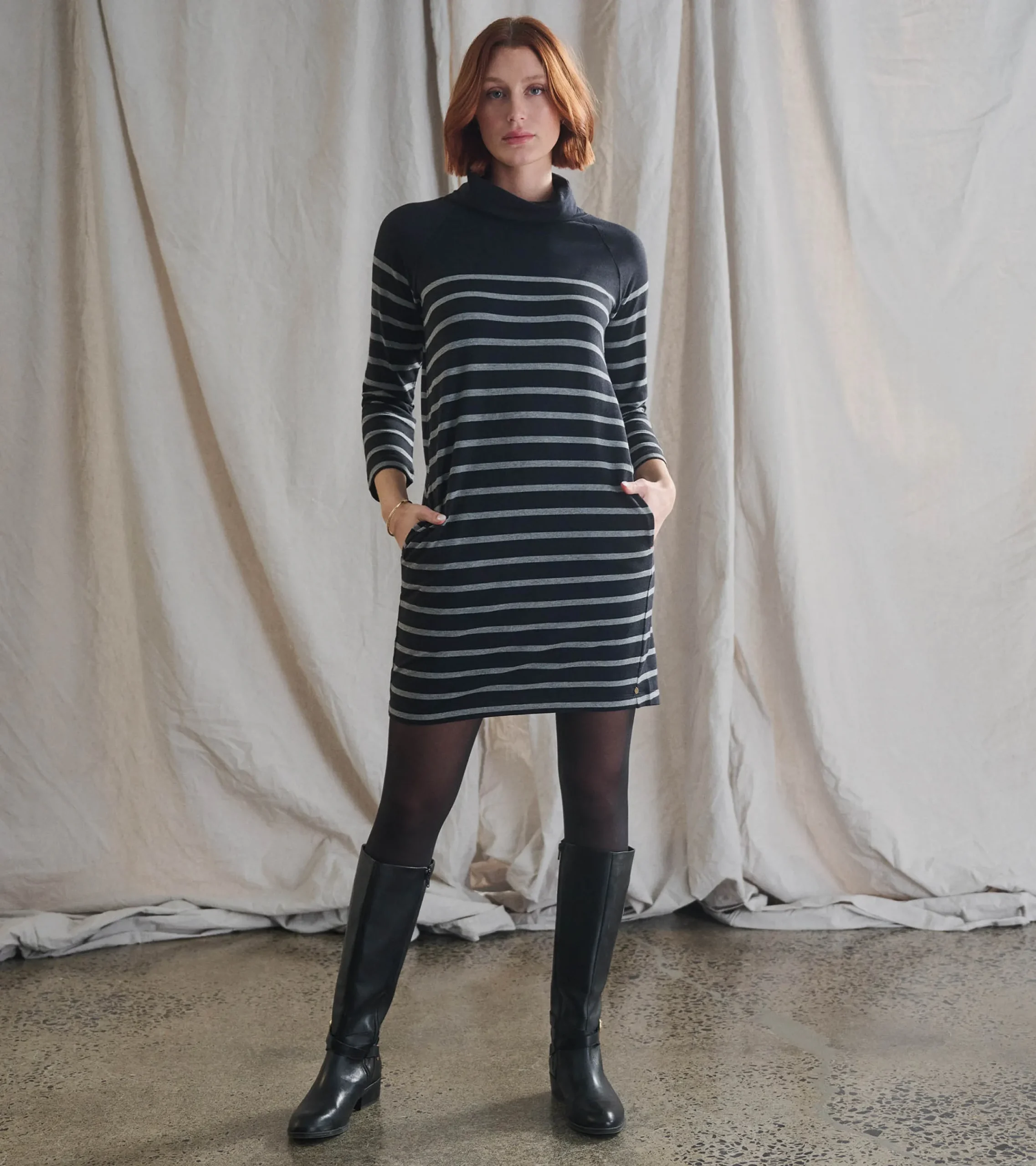 Clearance Hatley Draped Collar Dress - Caviar Stripe