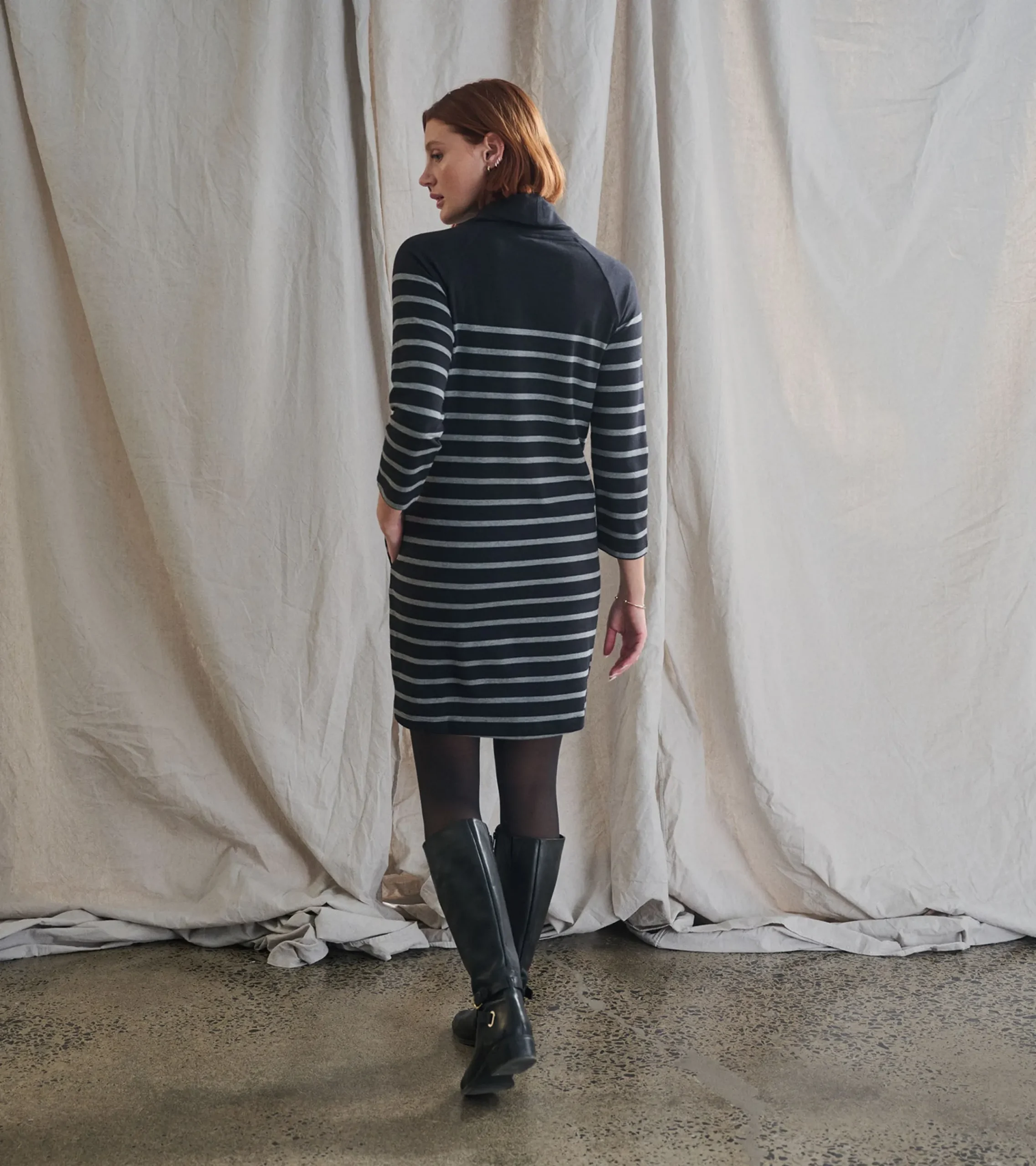 Clearance Hatley Draped Collar Dress - Caviar Stripe