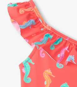 Online Hatley Girls Painted Sea Horses Ruffle Trim Swimsuit
