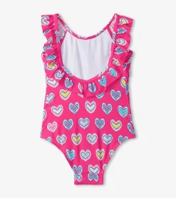 Sale Hatley Girls Pink Shibori Hearts Ruffle Sleeve Swimsuit