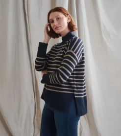 Best Hatley Mock Neck Tunic - Navy Taupe Stripes